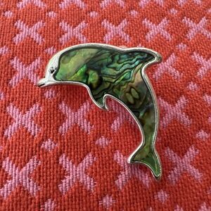 Abalone Wave Dolphin Pendant Jewelry Silver Tone Pin Brooch Vintage 2”